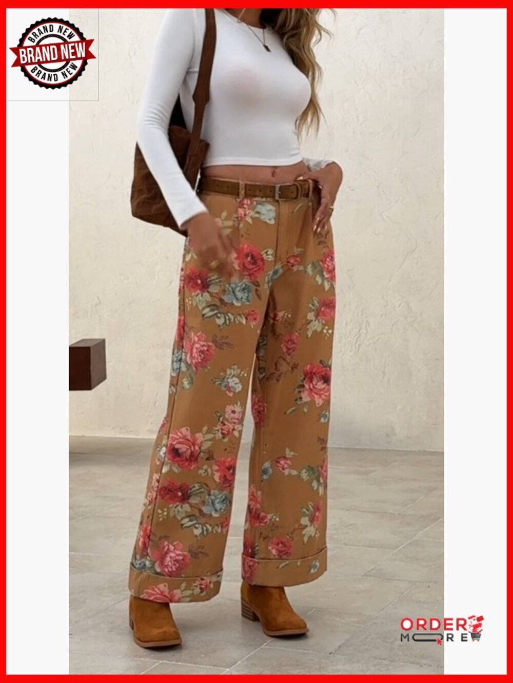 Baggy Wide Leg Floral Jeans High Waisted Boho Denim Pants with Pockets - Picture 7 of 7